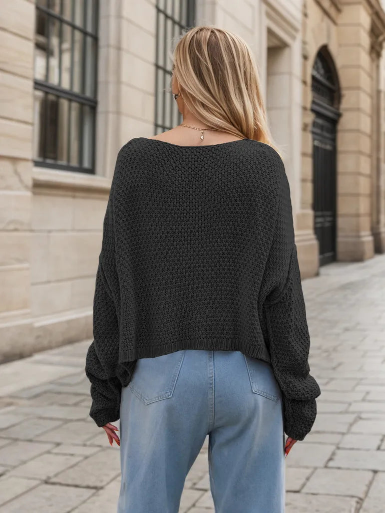 Black textured knit round neck dropped shoulder sweater