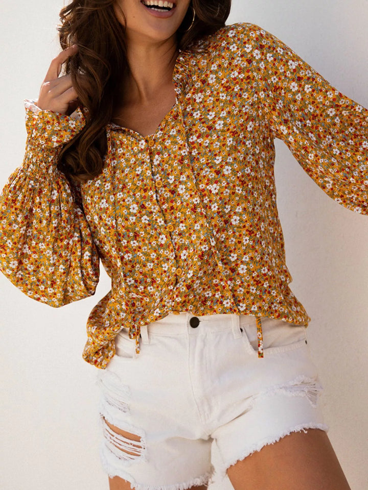 Floral Ruffled Bubble Sleeve Tie Neck Blouse | Blouses Daverri Fashions