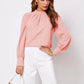 Soft pink ruched mock neck long sleeve blouse with gathered collar