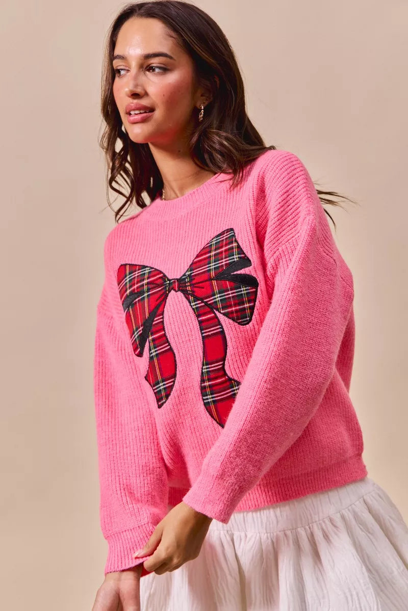 SO ME Checker Plaid Ribbon Christmas Holiday Sweater | Sweaters Daverri Fashions