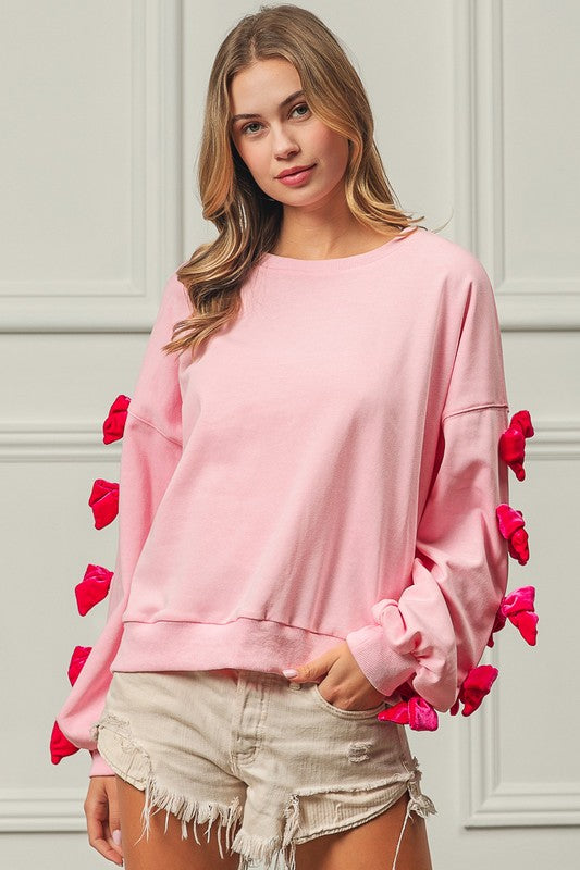 BiBi Velvet Ribbon Bows Long Sleeve Round Neck Sweatshirt Pink XL Sweatshirts