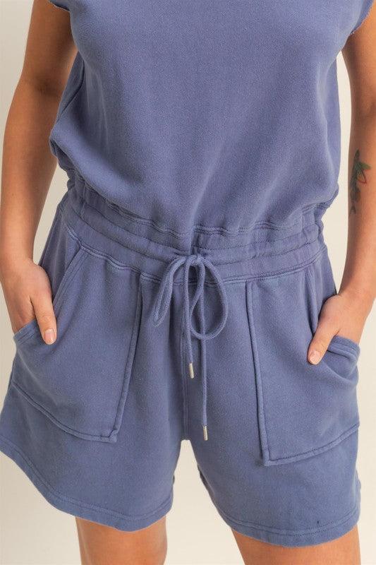 HYFVE Round Neck Cap Sleeve Drawstring Waist Romper Rompers