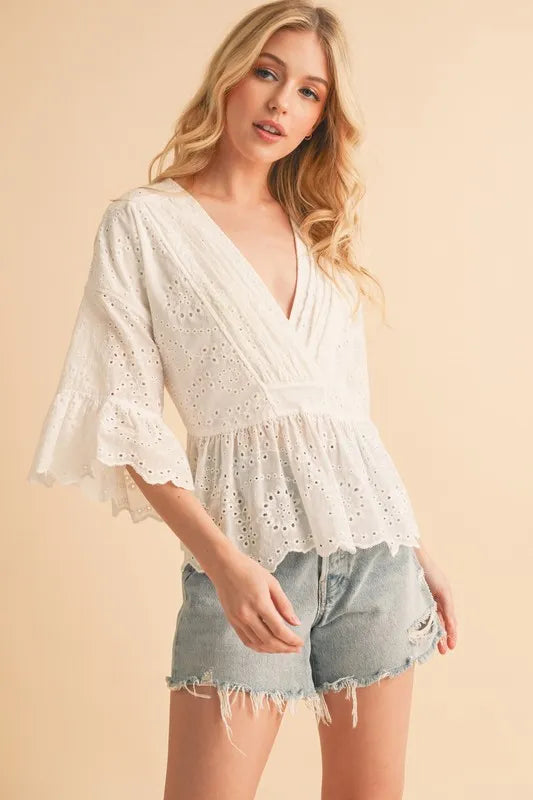 Aemi+Co Flounce Sleeve Eyelet Peplum Top