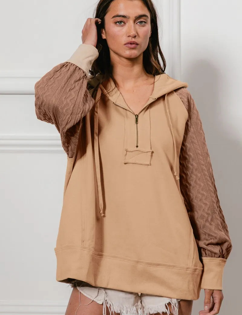 TAUPE BiBi Half Zip French Terry Hoodie with Kint Sleeves | Hoodies Daverri Fashions