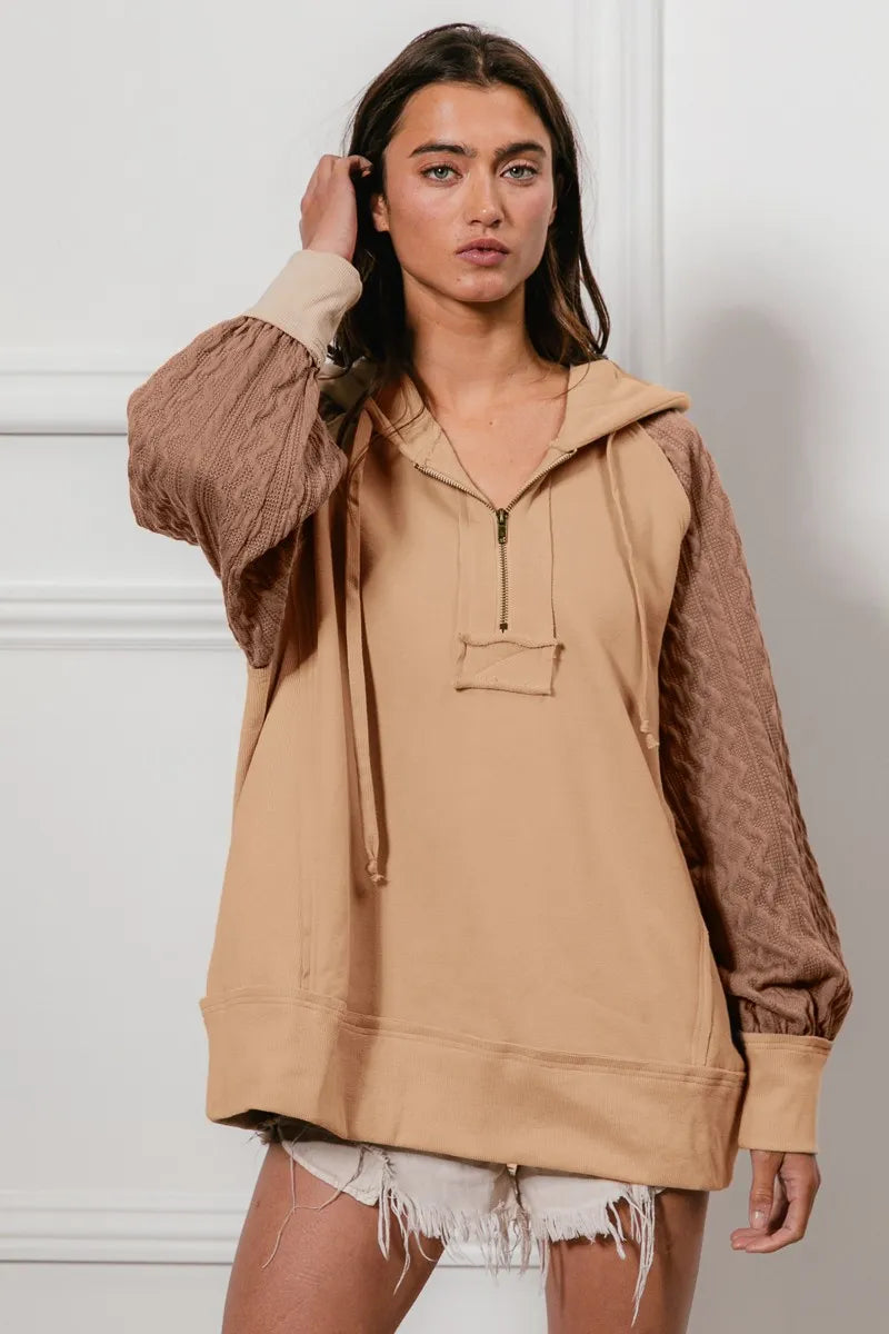 TAUPE BiBi Half Zip French Terry Hoodie with Kint Sleeves | Daverri Fashions