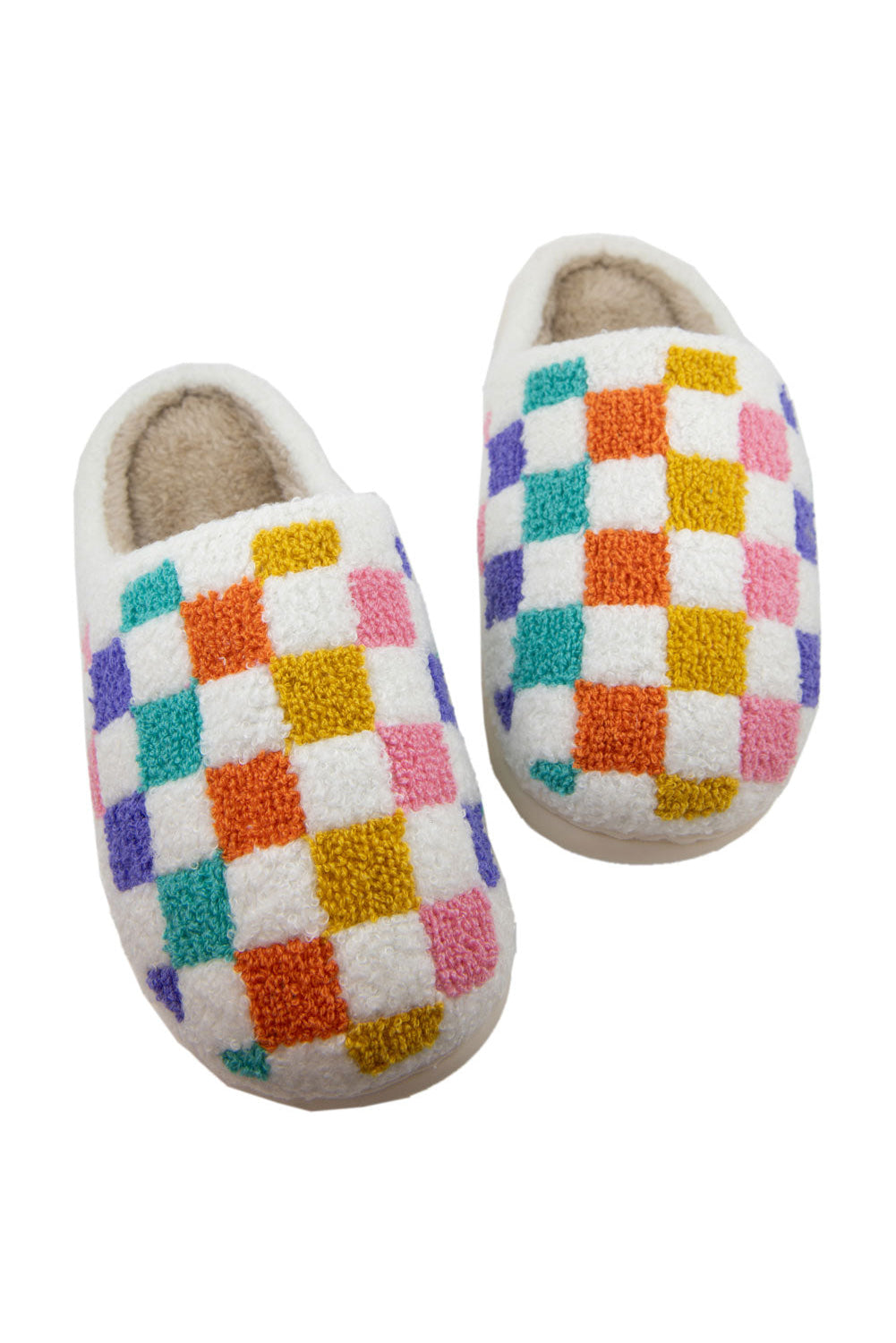 White Vibrant Checkered Plush Thermal Slippers | Slippers Daverri Fashions