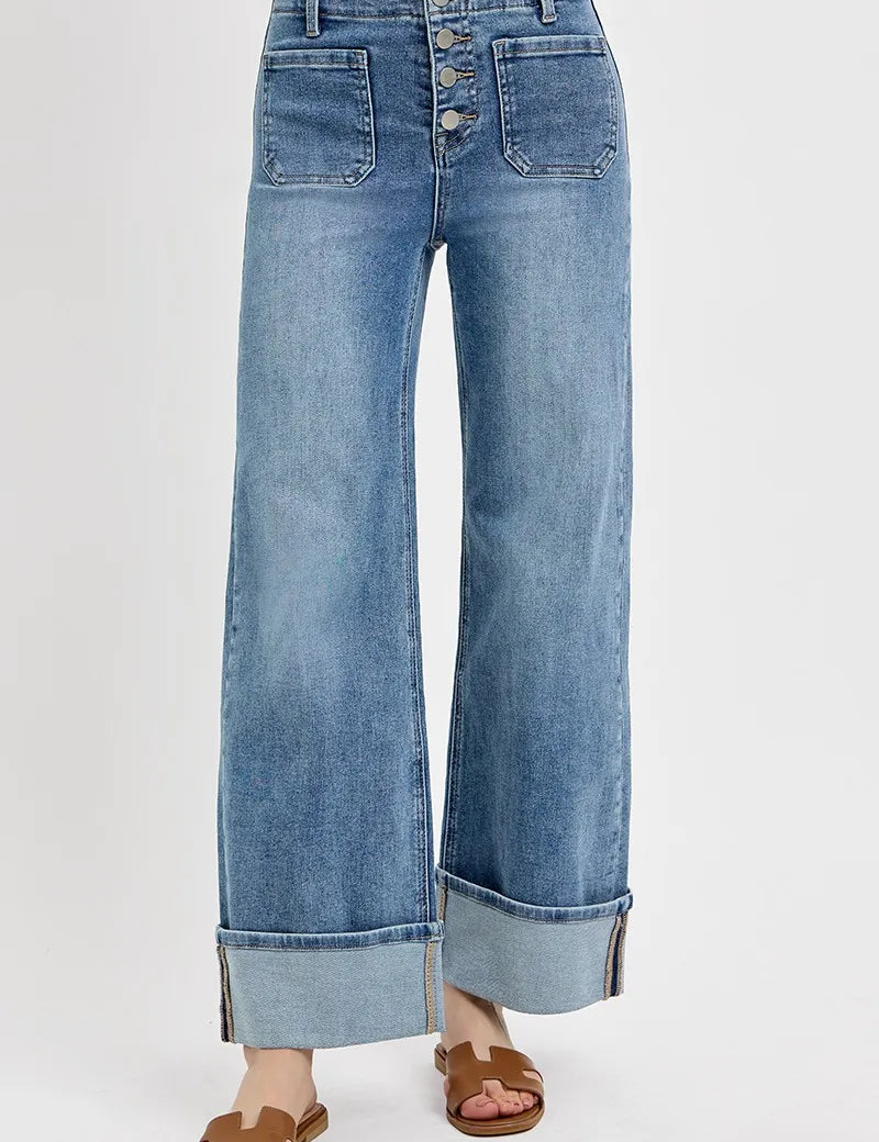 MEDIUM RISEN High Rise Ankle Wide Button Patch Pocket Cuffed Jeans | Jeans Daverri Fashions