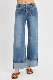 MEDIUM RISEN High Rise Ankle Wide Button Patch Pocket Cuffed Jeans | Jeans Daverri Fashions