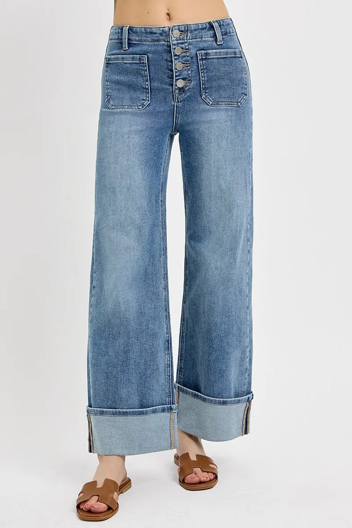 MEDIUM RISEN High Rise Ankle Wide Button Patch Pocket Cuffed Jeans | Jeans Daverri Fashions