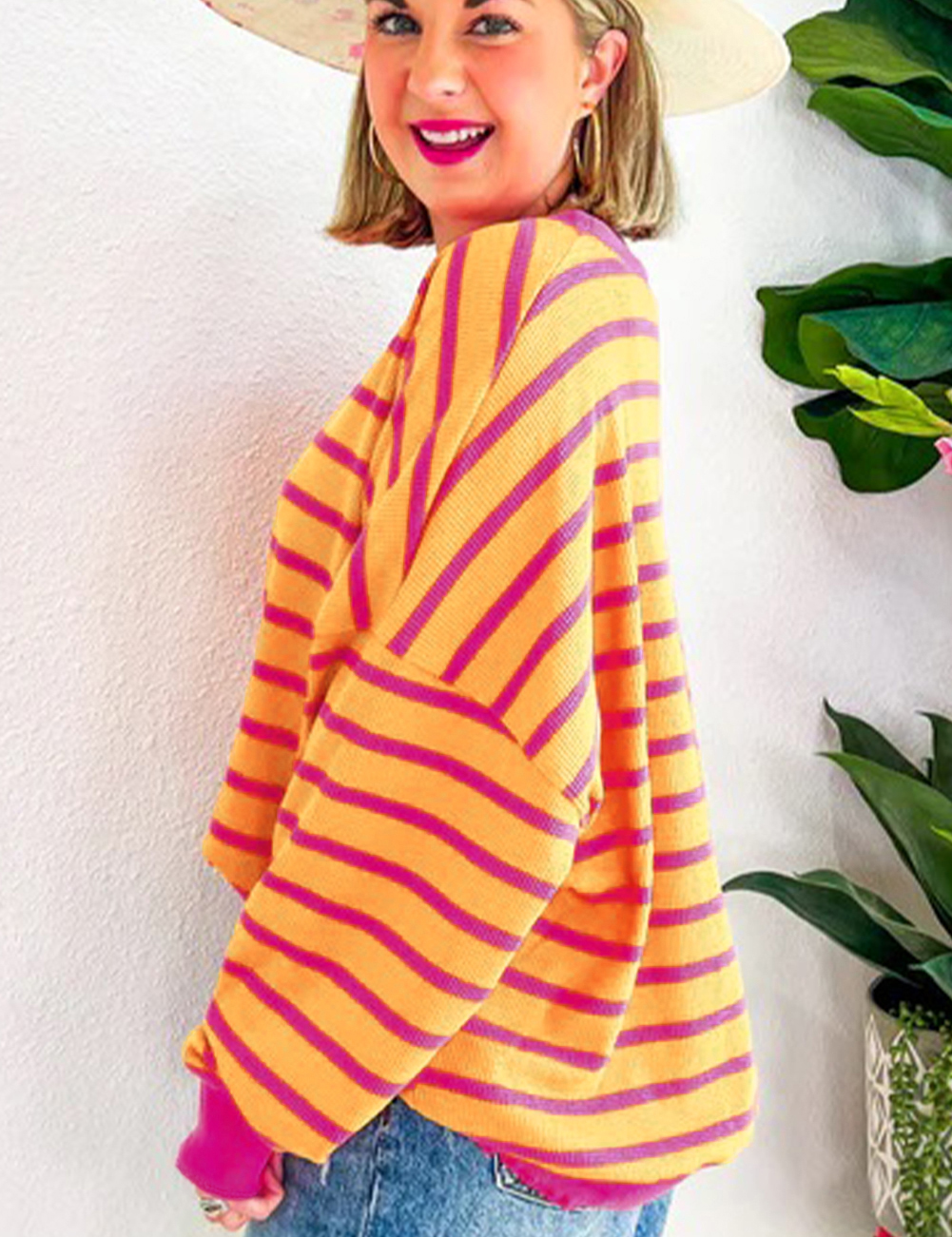 Orange Stripe Trimmed Round Neck Drop Shoulder Loose Sweater | Sweaters Daverri Fashions