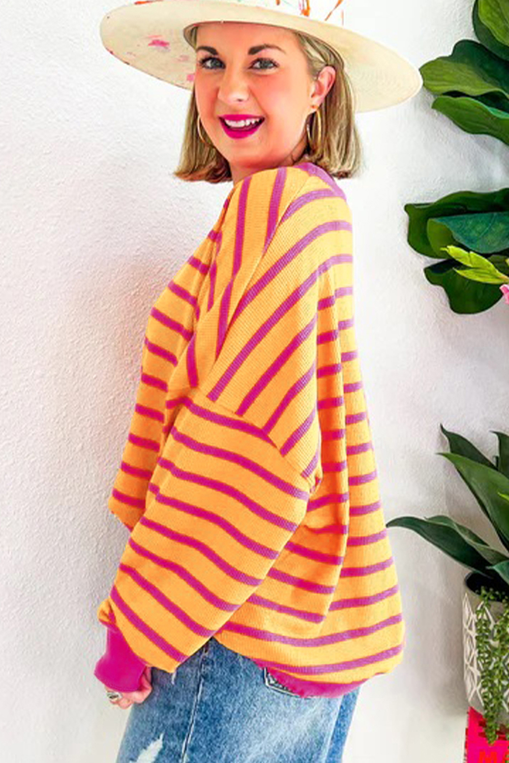 Orange Stripe Trimmed Round Neck Drop Shoulder Loose Sweater | Sweaters Daverri Fashions