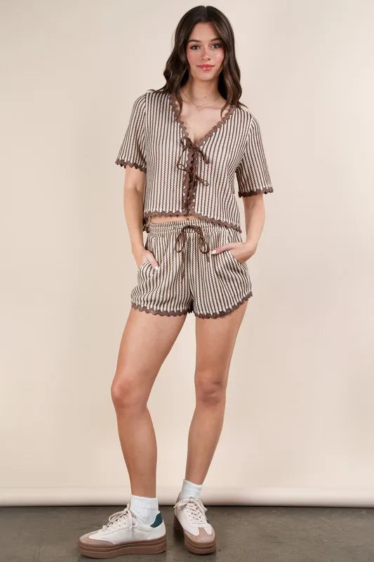 VERY J Wave Trim Detail Knit Top & Shorts Set Outfit Sets