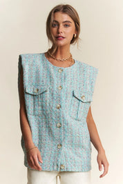 J.NNA Frayed Tweed Padded Shoulder Vest | Vests Daverri Fashions