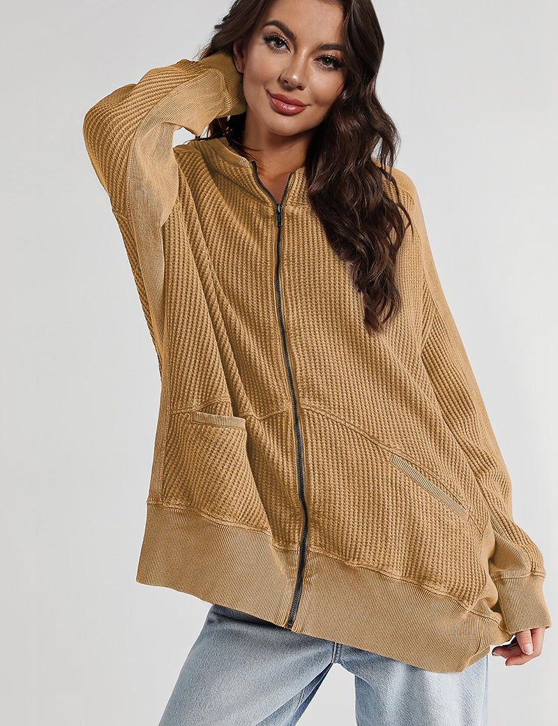Caramel Zip-Up Long Sleeve Jacket | Jackets Daverri Fashions