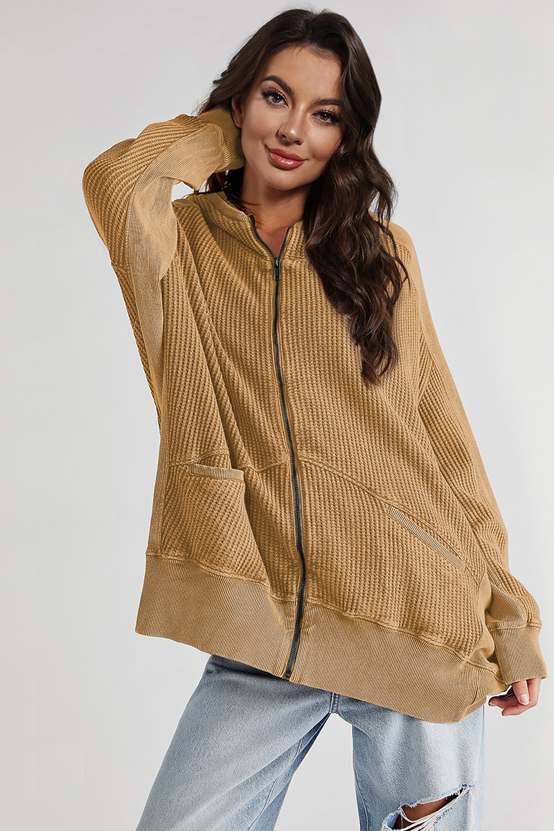 Caramel Zip-Up Long Sleeve Jacket | Jackets Daverri Fashions