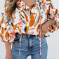 Yellow abstract print drawstring frilled V-neck 3/4 sleeve blouse
