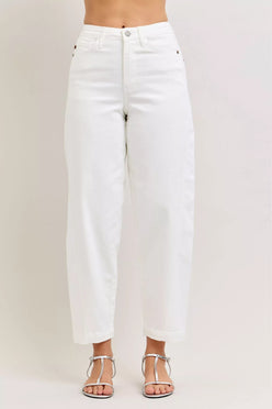 White Judy Blue high-waisted rigid magic panel barrel jeans with minimalist design