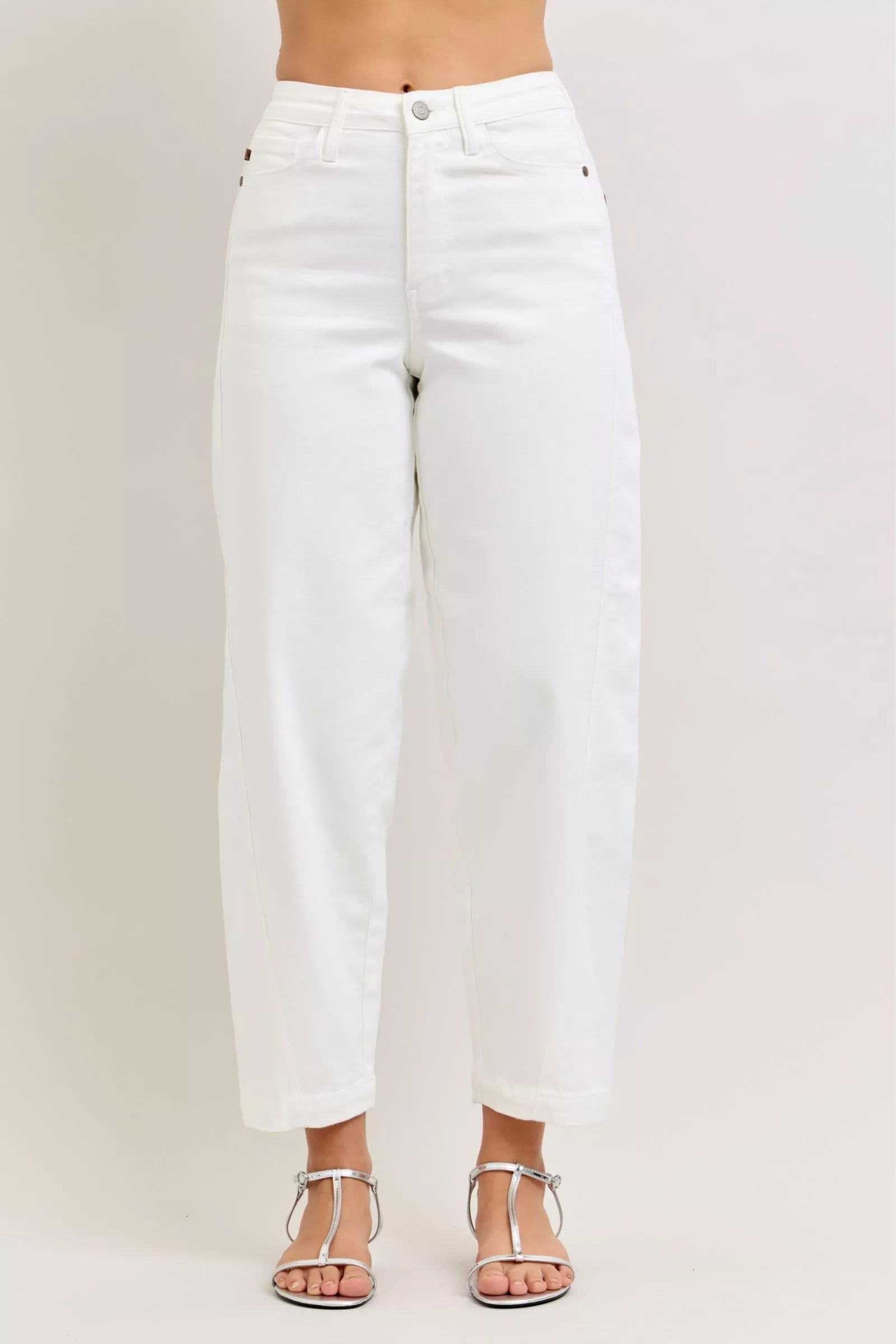 White Judy Blue high-waisted rigid magic panel barrel jeans with minimalist design