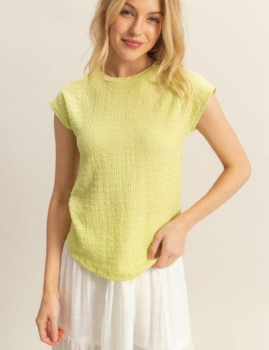 Neon Yellow HYFVE Neon Yellow Textured Round Neck Cap Sleeve Knit Top | Tops Daverri Fashions