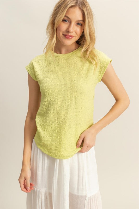 HYFVE Neon Yellow Textured Round Neck Cap Sleeve Knit Top Neon Yellow Tops