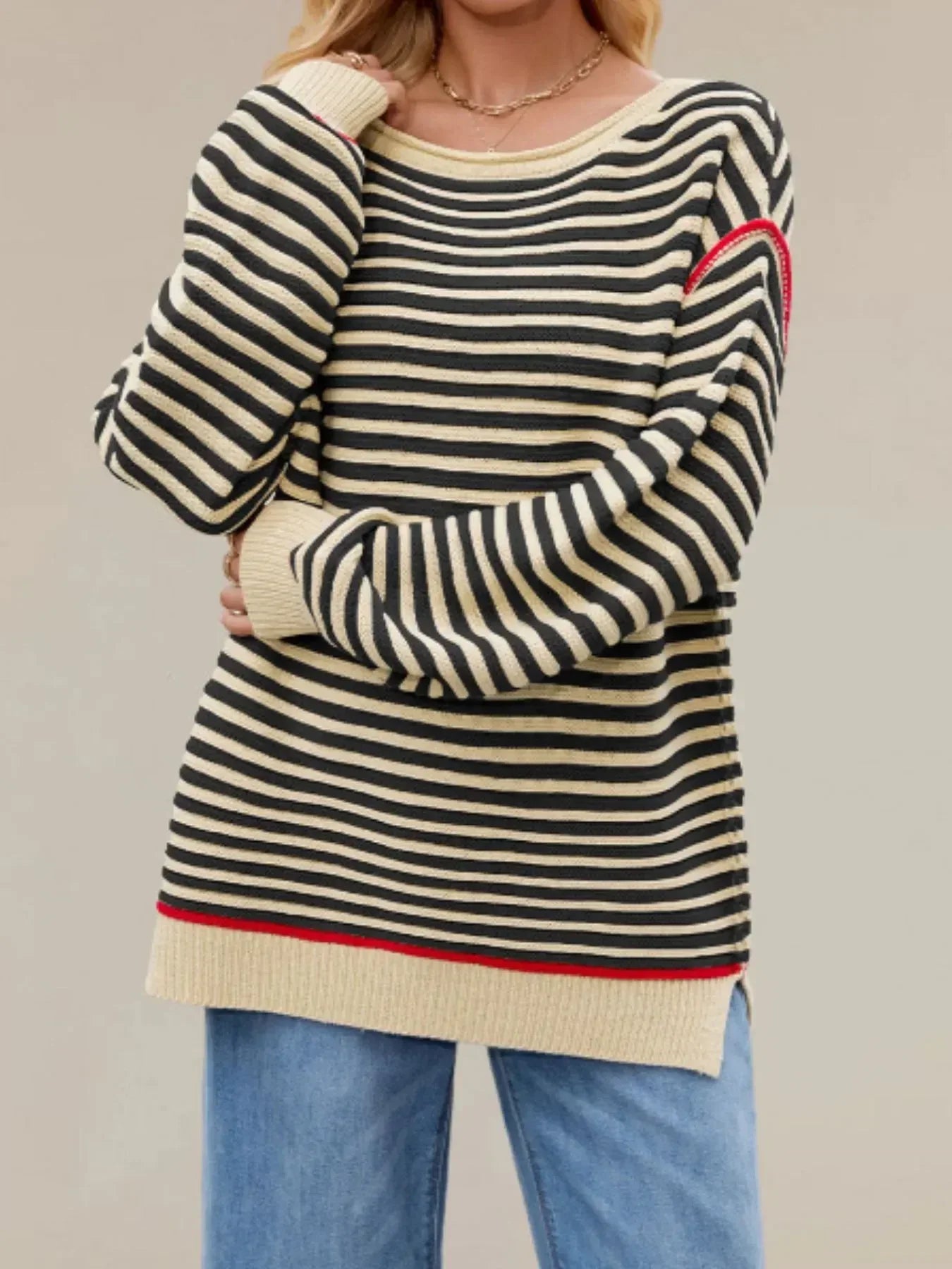 Slit Striped Oversized Sweater - DAVERRI FASHIONS