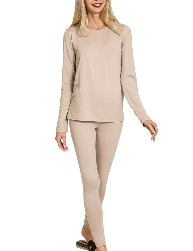 ASH MOCHA Zenana Microfiber Round Neck Top and Leggings Set | Loungewear Sets Daverri Fashions