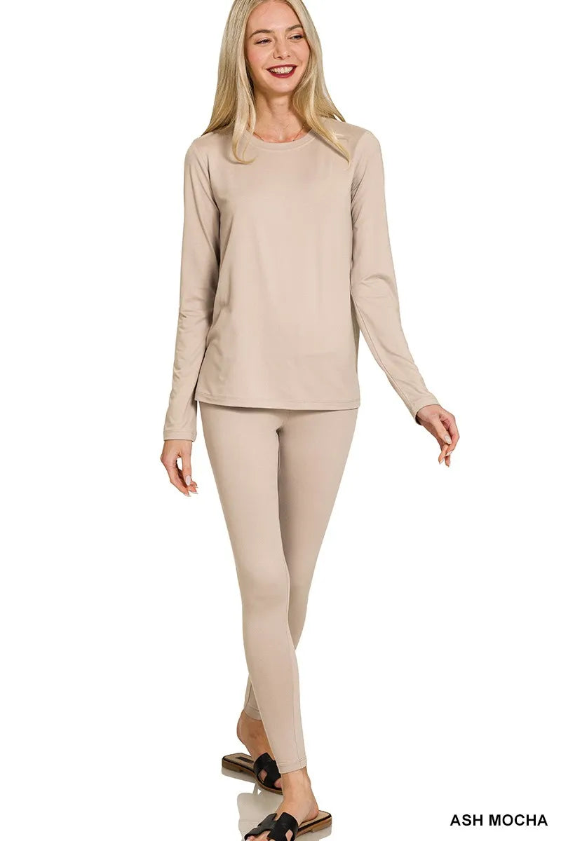 ASH MOCHA Zenana Microfiber Round Neck Top and Leggings Set | Loungewear Sets Daverri Fashions