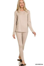 ASH MOCHA Zenana Microfiber Round Neck Top and Leggings Set | Loungewear Sets Daverri Fashions