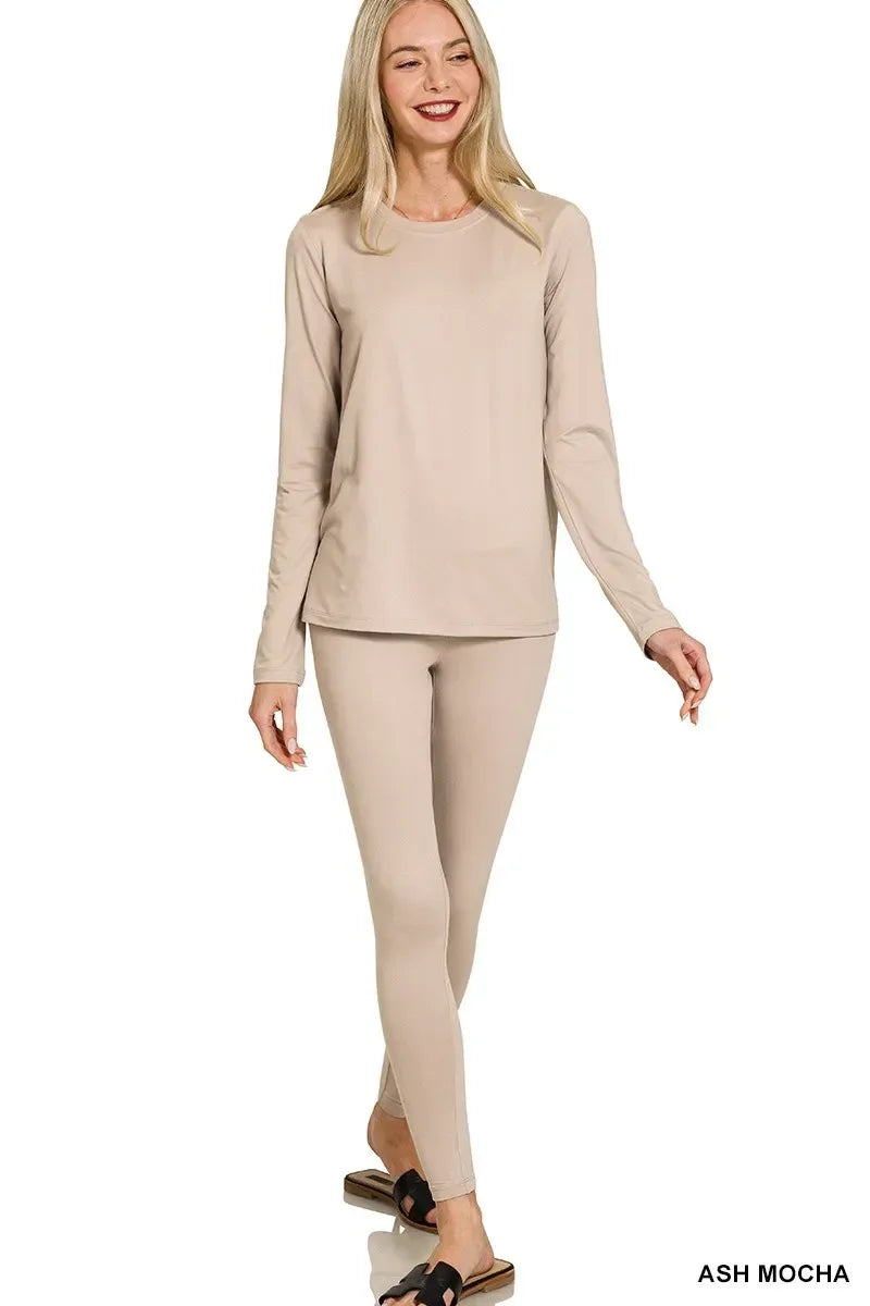 Zenana Microfiber Round Neck Top and Leggings Set - DAVERRI FASHIONS