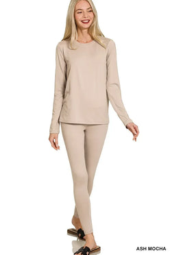 Zenana Microfiber Round Neck Top and Leggings Set - DAVERRI FASHIONS