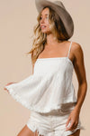 BiBi Fringed Hem Smocked Cami: white frayed-edge camisole with thin straps and square neckline