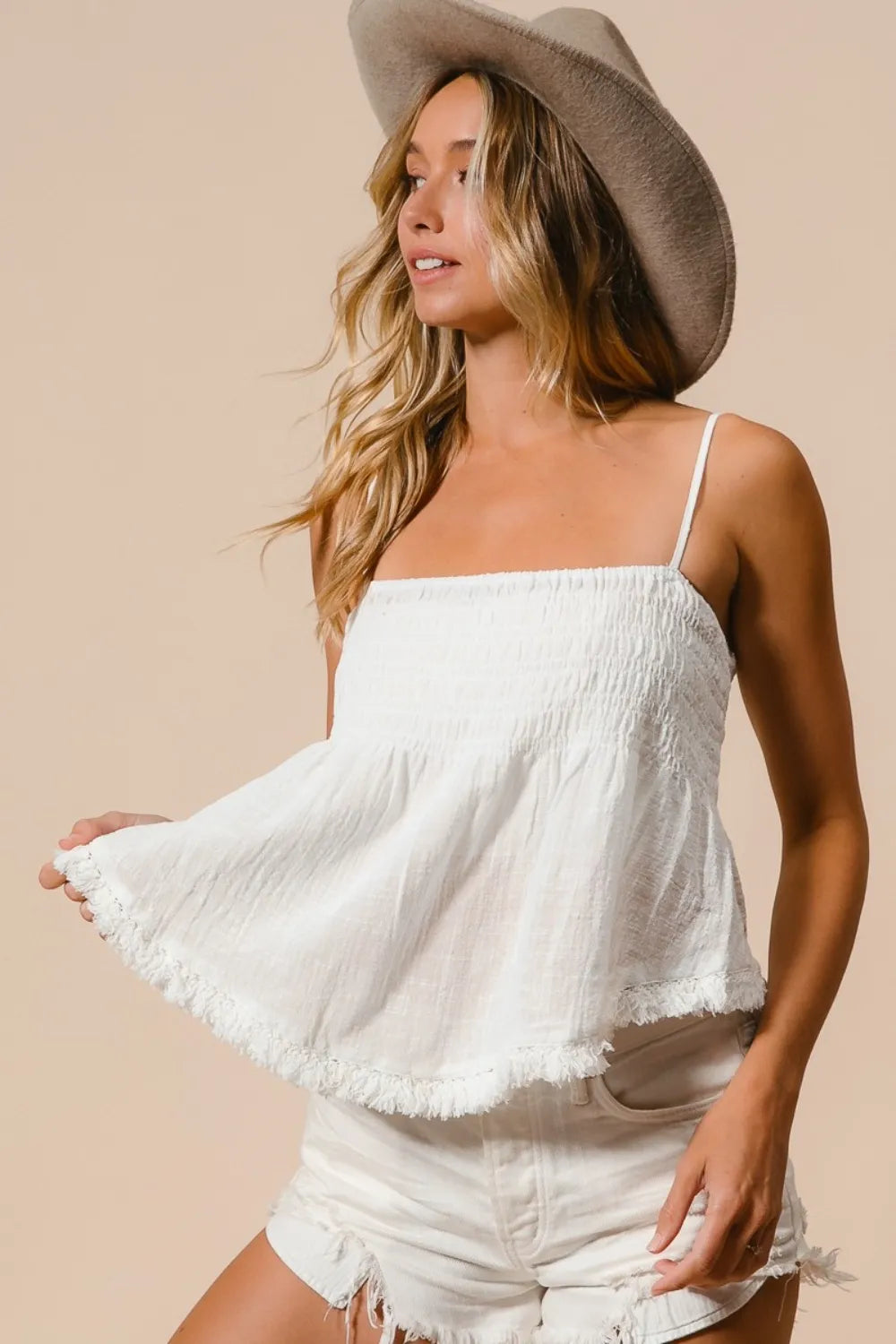 BiBi Fringed Hem Smocked Cami: white frayed-edge camisole with thin straps and square neckline