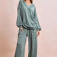 Cozy ribbed teal BiBi two-tone v-neck top and wide-leg pants set