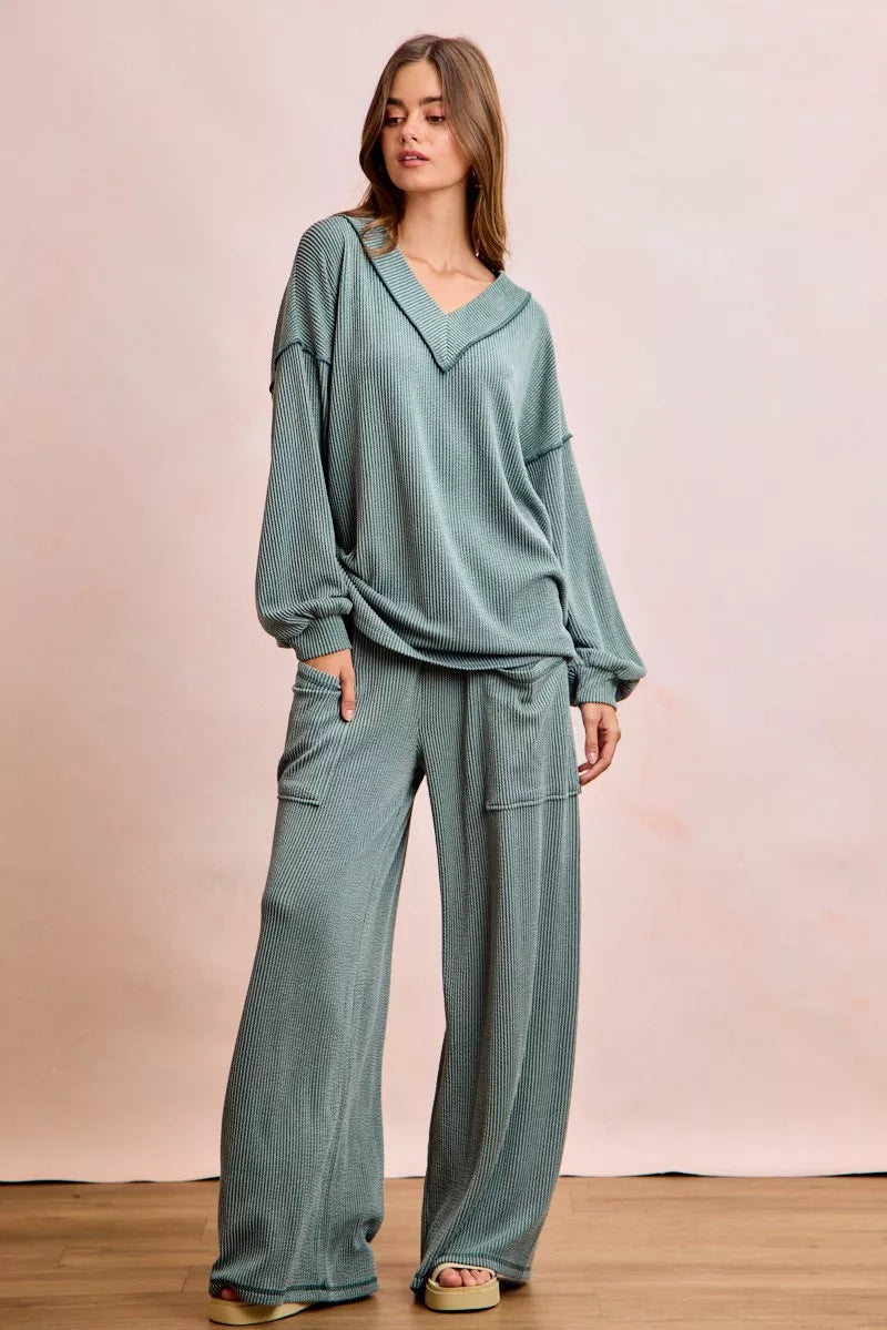 Cozy ribbed teal BiBi two-tone v-neck top and wide-leg pants set