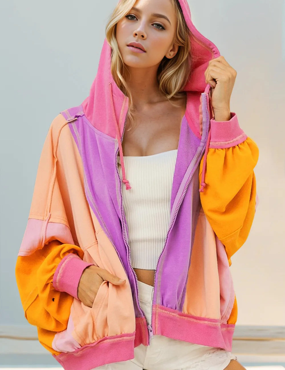 Heliotrope Purple Full Size Color Block Zip Up Hoodie | Hoodies Daverri Fashions