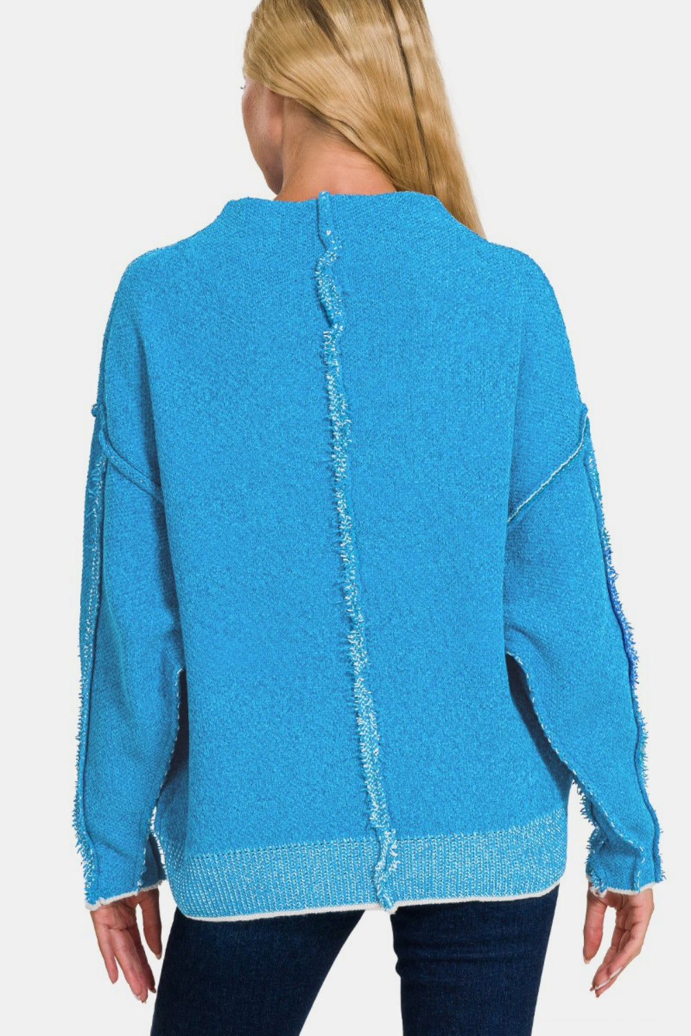 Exposed Seam Mock Neck Long Sleeve Sweater Tops