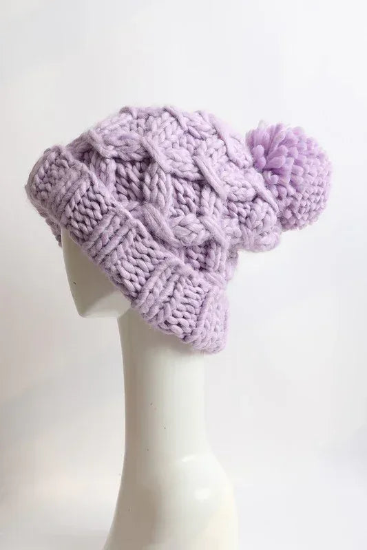Oversized Chunky Knit Pom Beanie - DAVERRI FASHIONS