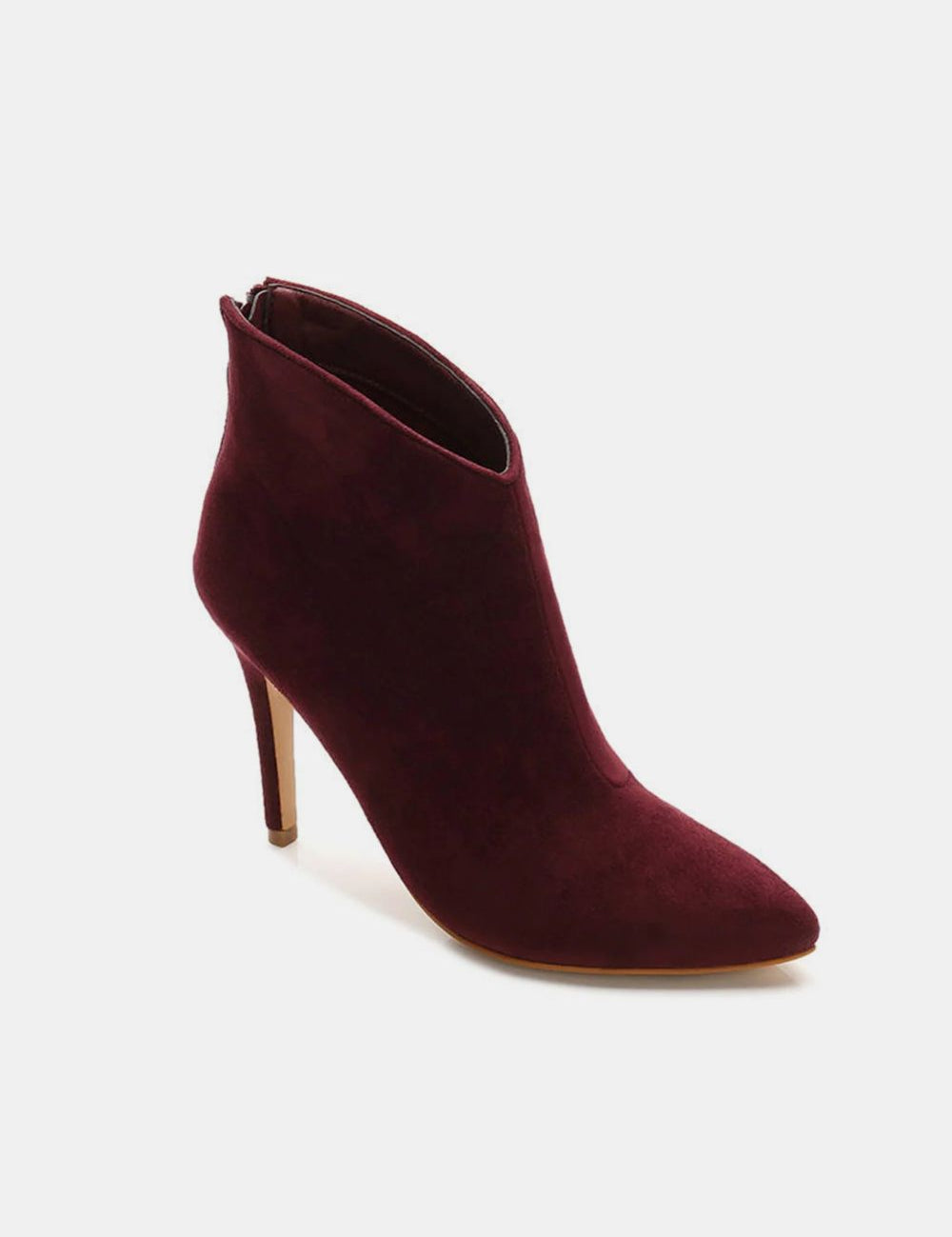 Beast Fashion Suede Stiletto Ankle Booties with Back Zippers Wine Footwear