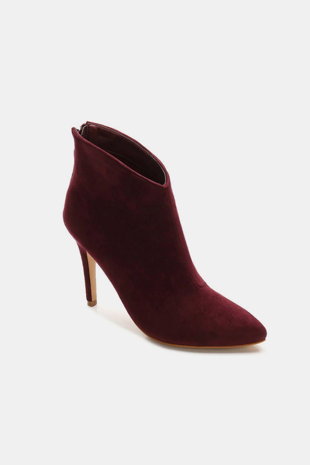 Beast Fashion Suede Stiletto Ankle Booties with Back Zippers Wine Footwear