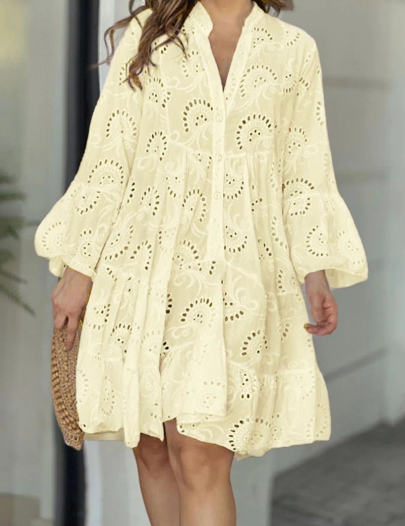 Yellow Full Size Eyelet Ruffled Hem Tiered Dress Plus Size | Mini Dresses Daverri Fashions