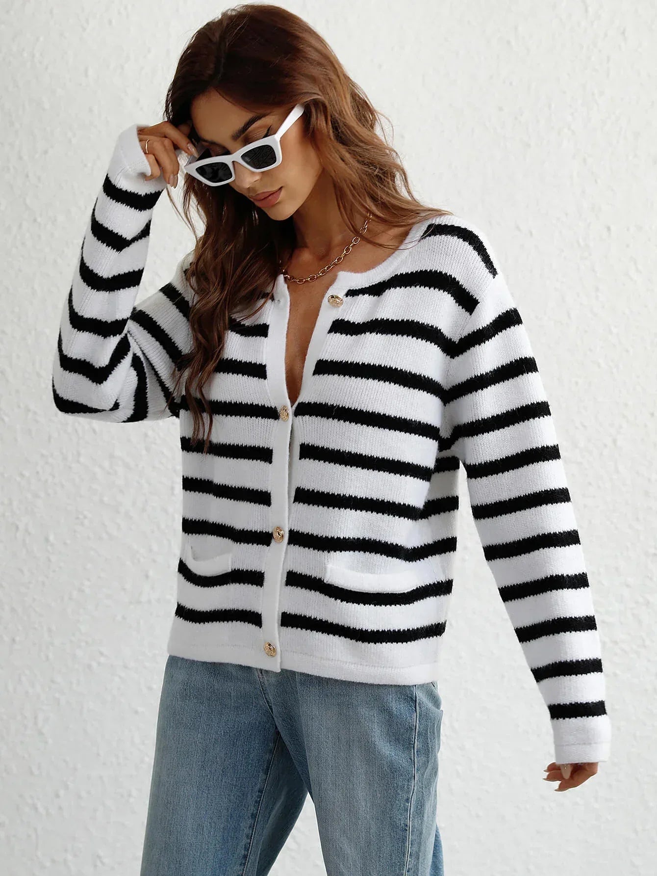 Striped Button Front Cardigan - DAVERRI FASHIONS