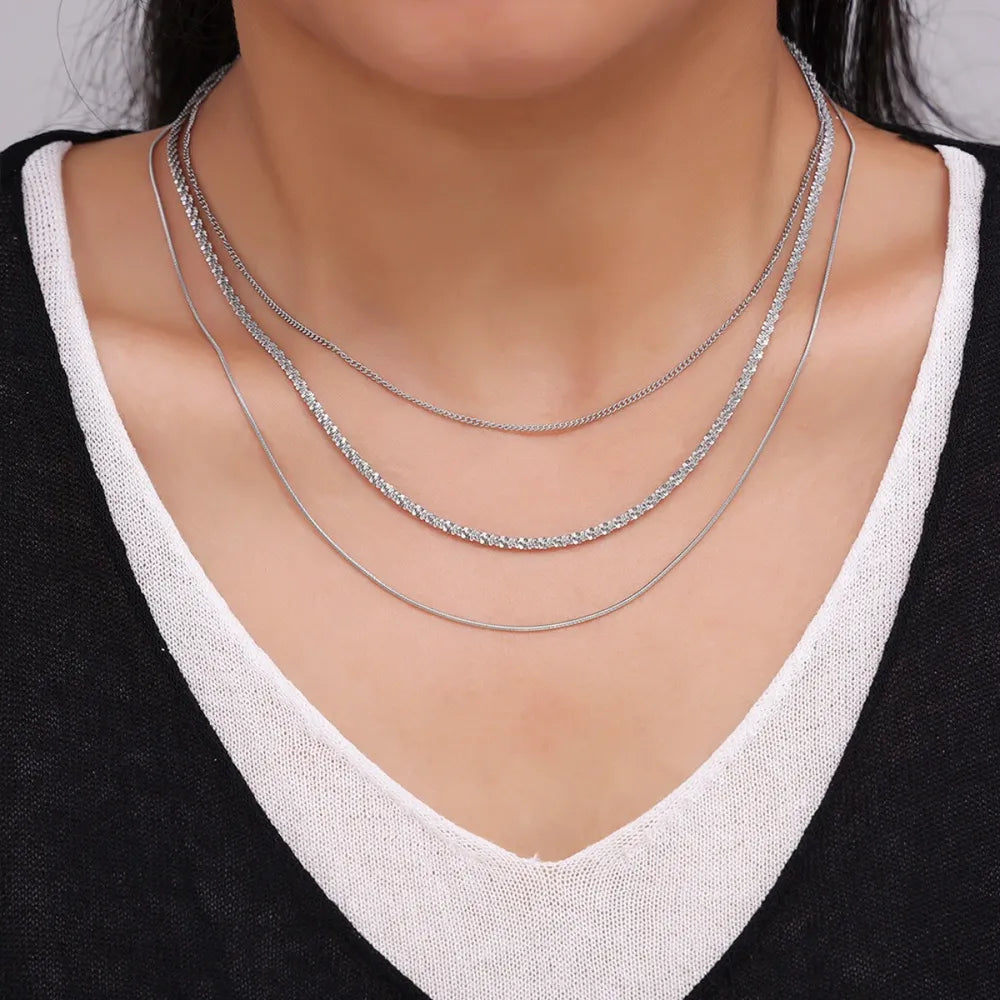 Silver One Size Titanium Steel Three-Layered Necklace | Necklaces Daverri Fashions