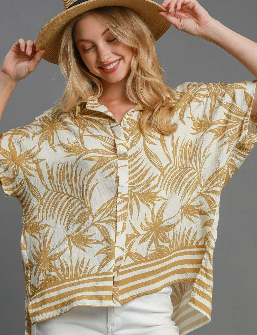 Mustard Umgee Full Size Tropical Print Button Down Shirt Plus Size | Daverri Fashions