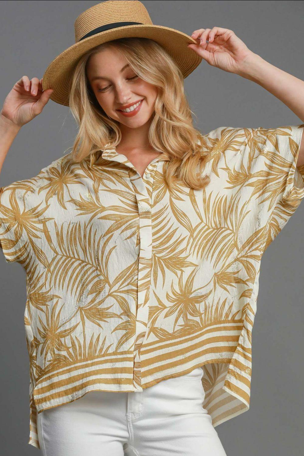 Umgee Full Size Tropical Print Button Down Shirt Plus Size Mustard