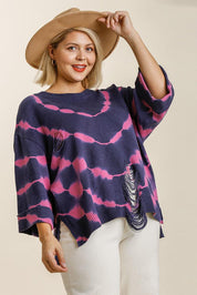 Umgee Tie Dye Side Slit Round Neck Distressed Detail Sweater | Sweaters Daverri Fashions
