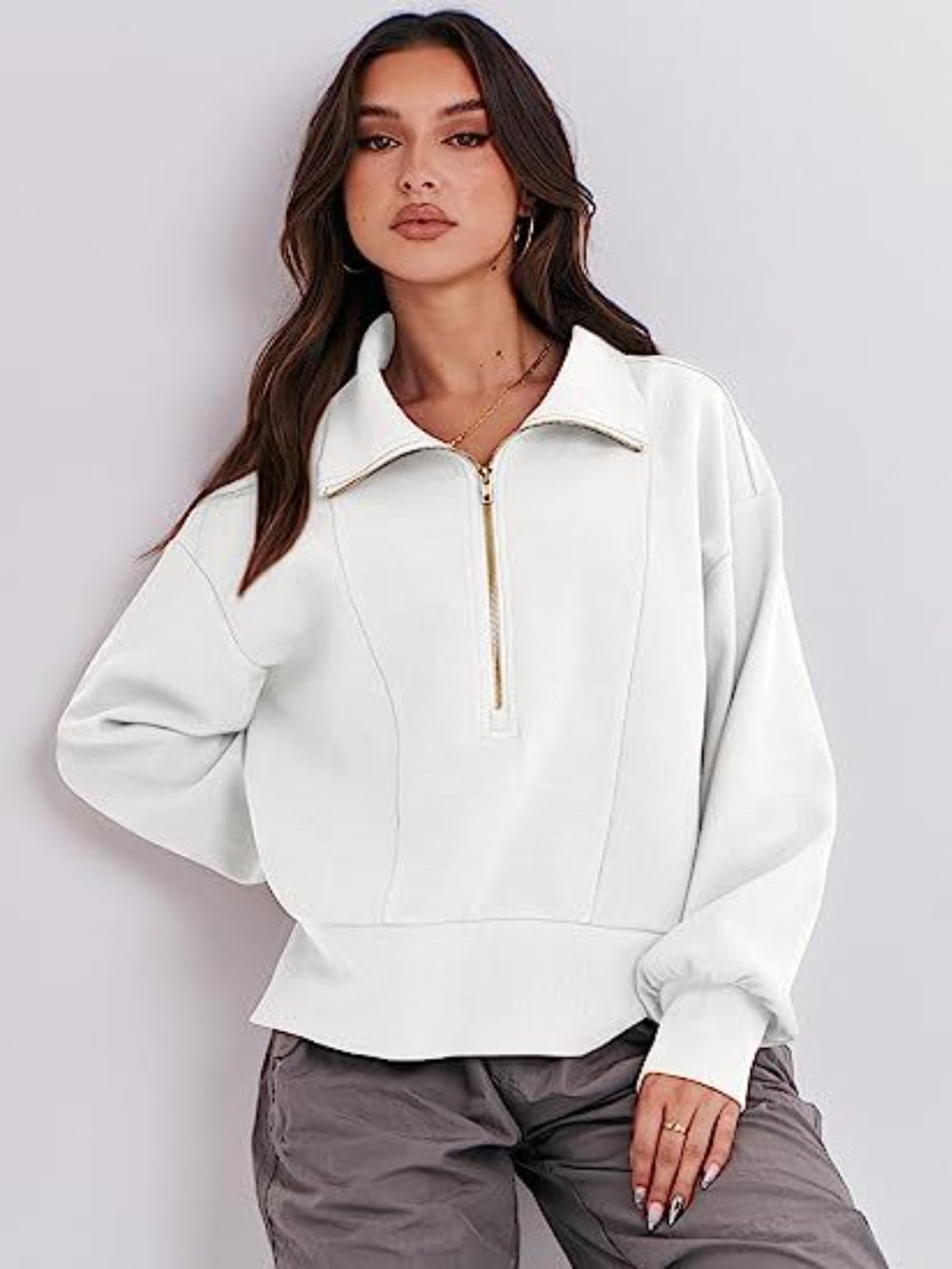 White Half Zip Up Collared Sweatshirt | Sweatshirts Daverri Fashions