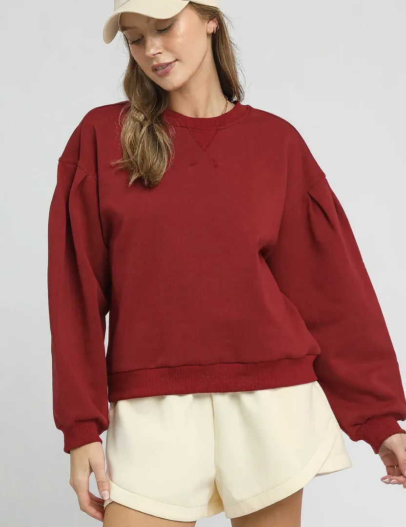 BURGUNDY Umgee Round Neck Sweatshirt with Pleated Detail | Sweatshirts Daverri Fashions