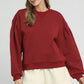 Umgee Round Neck Sweatshirt with Pleated Detail BURGUNDY Sweatshirts