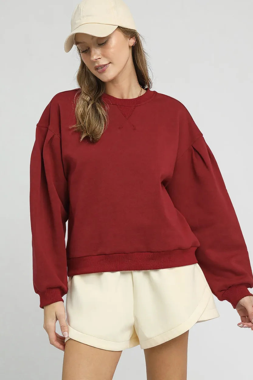 Umgee Round Neck Sweatshirt with Pleated Detail BURGUNDY Sweatshirts