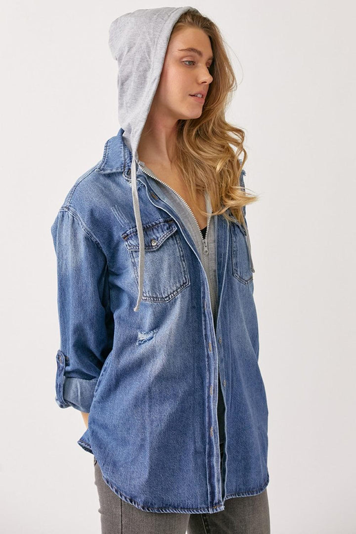 RISEN Zip Up Hooded Denim Shirt Dark S Shackets